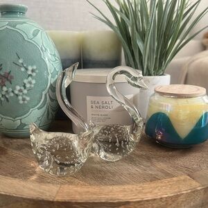Art Glass 4" Swans Set Of 2 Hand Blown With Controlled Bubbles Clear Figurines